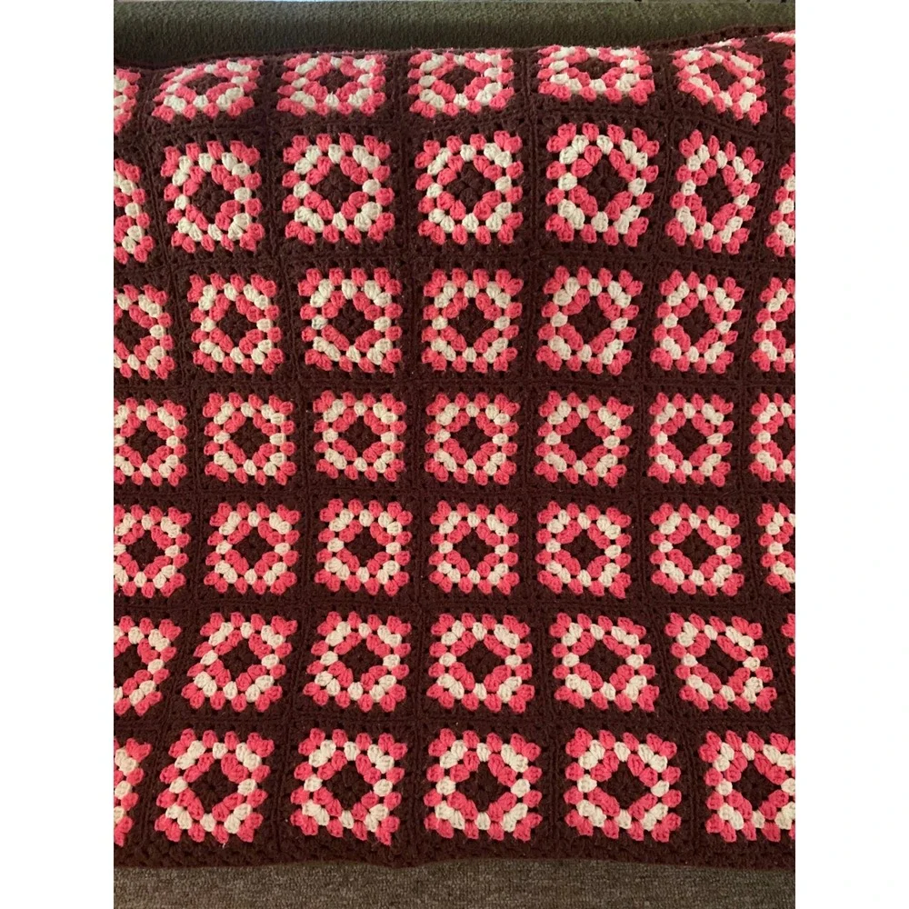 Handmade Granny Square Crochet Throw Blanket Afghan Brown Pink 63x42 Retro Boho